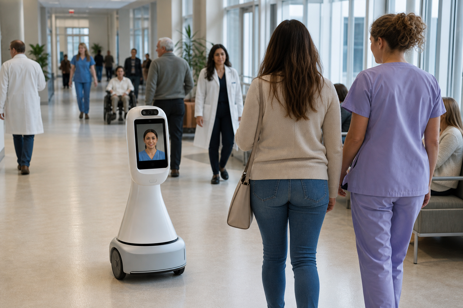 Nurse Kiosk Robot in Hospital Hallway