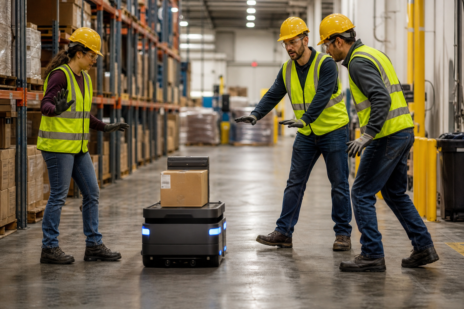 Warehouse Cart Robot Approaching Workers